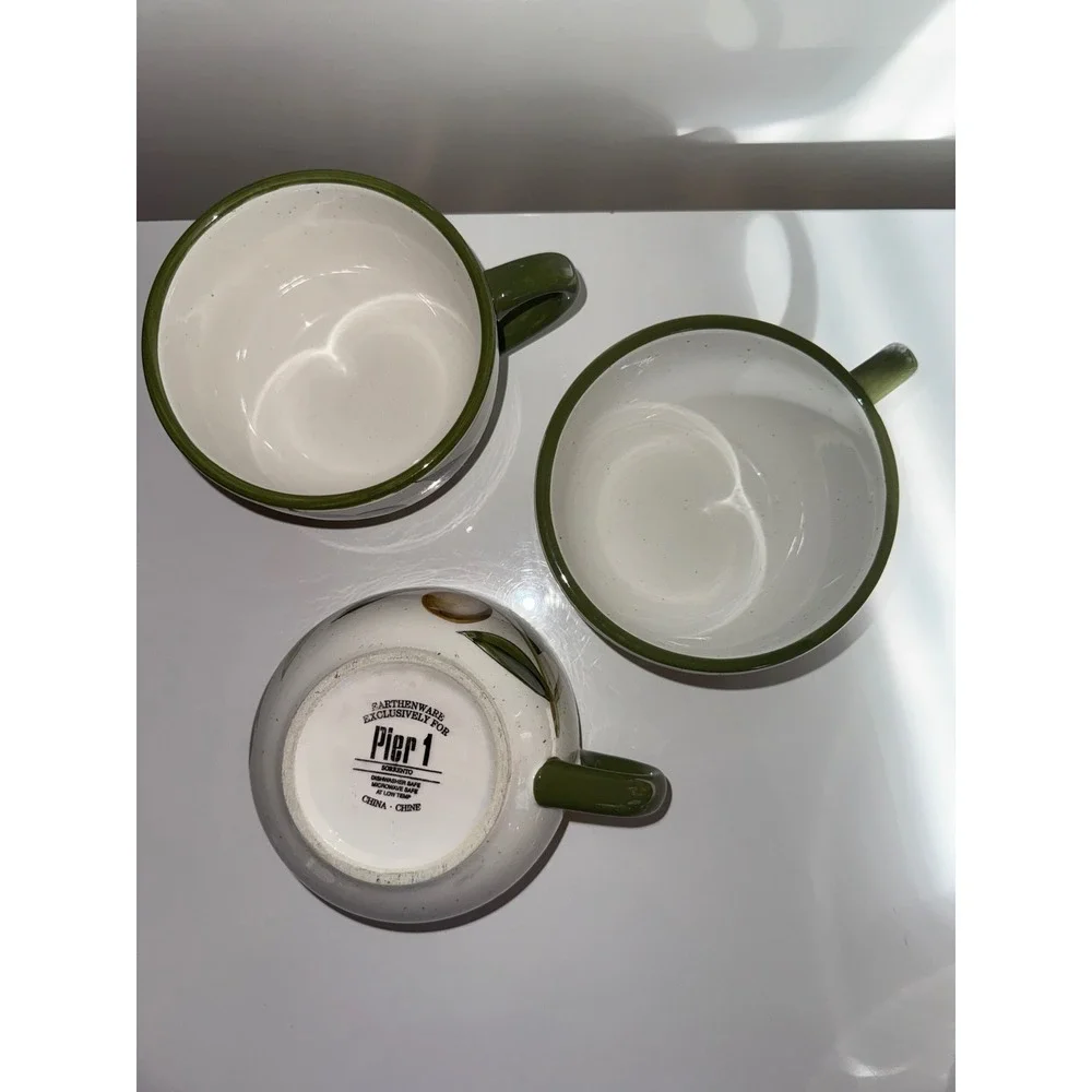 Pier 1 Sorrento Olive Branch Soup Mugs Set of 3 Earthenware Green Purple Cream